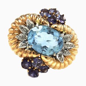 Ring with Aquamarine Rose Gold Tanzanite and Diamonds