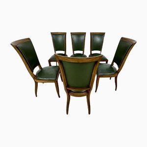 Art Deco Chairs with Green Leather, France, 1930s, Set of 6