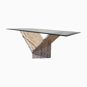 Abstract Travertine and Glass Coffee Table