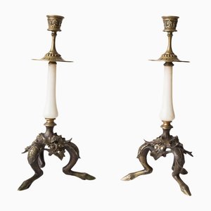 French Candlesticks in Bronze and Alabaster, 19th Century, Set of 2