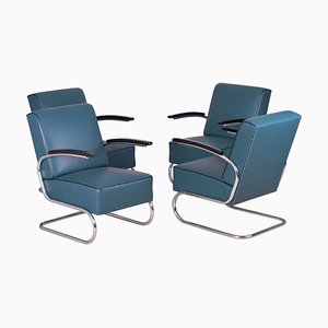 Art Deco Tubular Steel Cantilever Armchairs in Chrome and Blue Leather, Set of 4