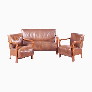 Art Deco Brown Three-Piece Suite in Walnut and Leather, 1930s, Set of 3
