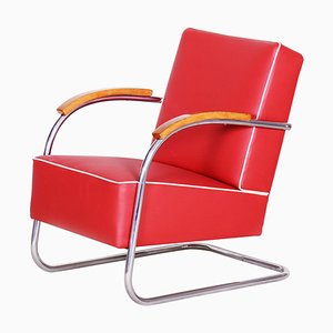 Red Tubular Steel Cantilever Armchair in Chrome and Leather, 1930s