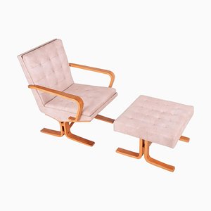 Mid-Century Lounge Chair in Beige with Foot Stool, 1960s, Set of 2