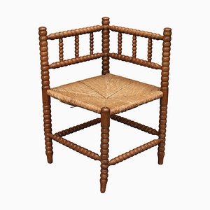 French Corner Chair in Turned Oak and Cane, France, 1930-1940