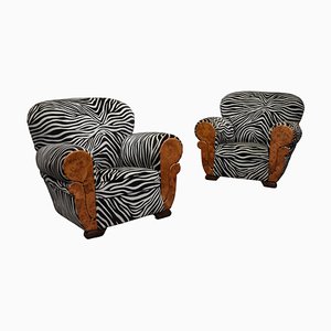 French Art Deco Lounge Club Chairs in Burl Wood and Zebra Velvet, 1930s, Set of 2