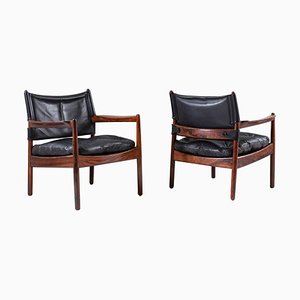 Scandinavian Leather & Rosewood Lounge Chairs by Gunnar Myrstrand, Sweden, Set of 2