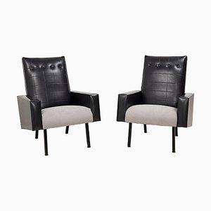 Mid-Century Black Leather Armchairs in the Style of Pierre Guariche, Set of 2