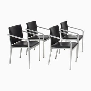 Silberne und schwarze A901 PF Esszimmerstühle aus Leder von Norman Foster für Thonet, 4er Set