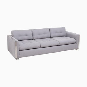 Mid-Century Grey and Chrome Frame Three-Seat Sofa in the Style of Milo Baughman
