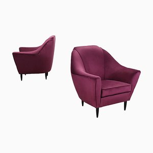 Set of Ebony Wood Velvet Armchairs, Italy, 1950s