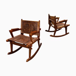 Rocking Chairs in Leather and Wood by Angel Pazmino for Meubles De Estilo Ecuador, 1960s, Set of 2