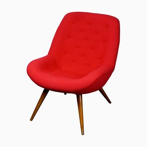 Midcentury Austrian Red Bucket Lounge or Cocktail Chair with Walnut Legs