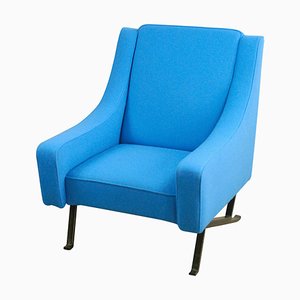 Moderner italienischer Midcentury Sessel aus blauer Wolle & schwarzem Eisen