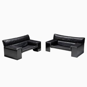 Causeuse Brigadier en Cuir Noir par Cini Boeri pour Knoll, Italie