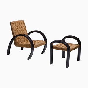 Art Deco Rush Sessel mit Fußhocker, 2er Set