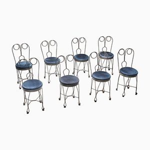 Wire Metal and Velvet Dining Chairs, France, 1970s, Set of 8