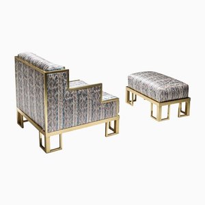 Brass Lounge Chair and Ottoman, Set of 2