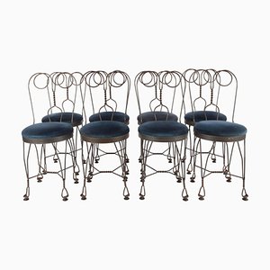 Chaises de Salon Regency en Velours Bleu et Fer, Set de 8