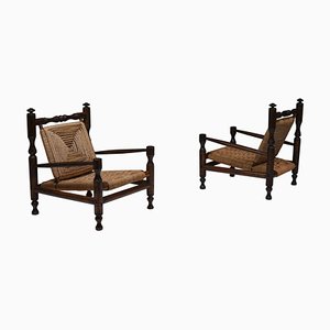 French Rustic Modern Rush Armchairs in Stained Wood, Set of 2