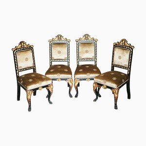 Antique Victorian Heavily Carved Ebonised Gold Gilt Dining Chairs, Set of 4
