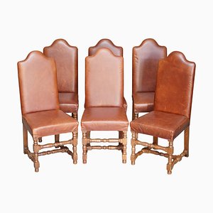 Antique Oak & Heritage Leather Cromwellian Dining Chairs High Backs, Set of 6