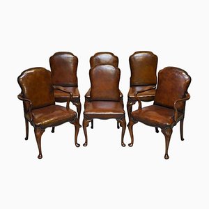 Victorian Walnut Shepherds Crook Hand Dyed Brown Leather Dining Chairs, 1880s, Set of 6