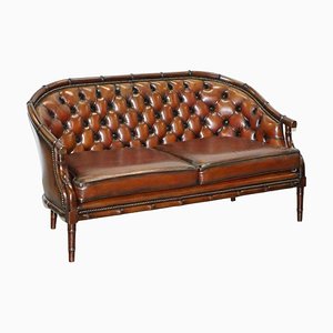 Regency Style Chesterfield Tufted Brown Leather Hand Dyed Famboo Sofa