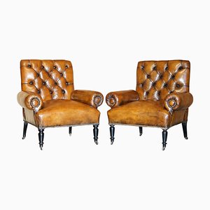 Antique Regency Bolster Brown Leather Library Armchairs, Set of 2
