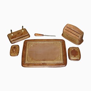 Gold Gilt Tan Brown Leather Desk Suite Pad, 1950s, Set of 6