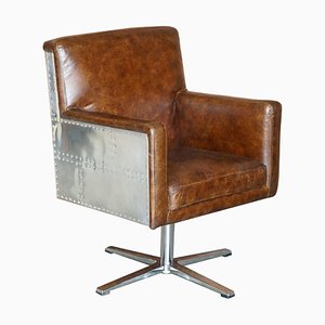 Hand Dyed Brown Leather Aviator Hammered Metal Swivel Captains Armchair