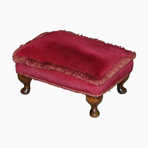 Antique Early Victorian Hardwood Footstool with Pink Upholstery