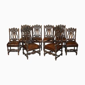 Antique Hand Carved Armorial Crest Coat of Arms Jacobean Dining Chairs, Set of 8