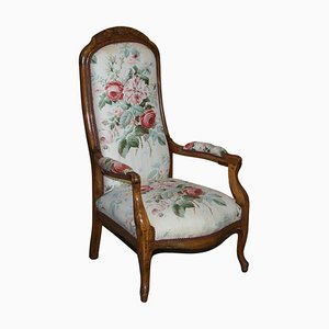 Victorian Hand Carved Walnut Show Framed High Back Armchair in Colefax Fowler