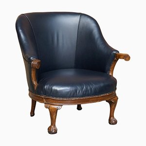 Antique Regency Claw & Ball Oak Framed Blue Leather Armchair, 1800s