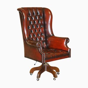 Vintage Bordeaux Leather Wingback Captains Directors Swivel Chair