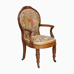 Antique Victorian Burr Walnut Armchair with Royal Coat of Arms Armorial, 1860s
