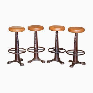 Vintage Cast Iron Barstools with Brown Leather Seat Pads from Singer, Set of 4