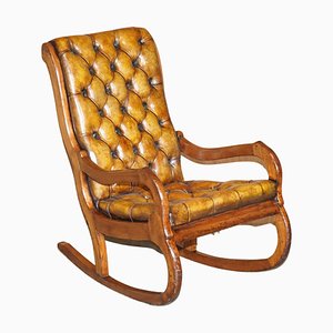 Hand Carved Chesterfield Brown Leather Rocking Armchair, 1900s