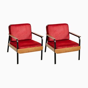 French Mid-Century Modern Wood and Metal Easy Chairs in the Style of Jean Prouvé, Set of 2