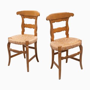Early 20th Century French Provincial Rattan and Wood Chairs, Set of 2
