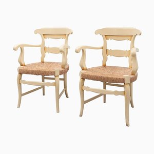 Early 20th Century Provincial Armchairs in Wood and Rattan, Set of 2
