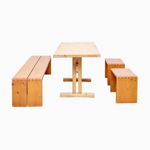 Table, Stools and Bench by Charlotte Perriand for Les Arcs, Set of 4