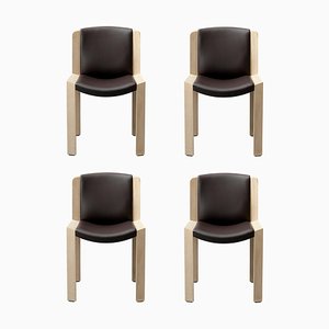 Wood and Sørensen Leather 300 Chair by Joe Colombo for Hille, Set of 4