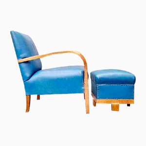 Mid-Century Modern Art Deco Armchair With Footstool in Blue Faux Leather, Italy, 1950s, Set of 2