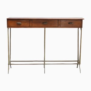 Sculptural Wood & Brass Console Table in the Style of Osvaldo Borsani, Italy, 1950s