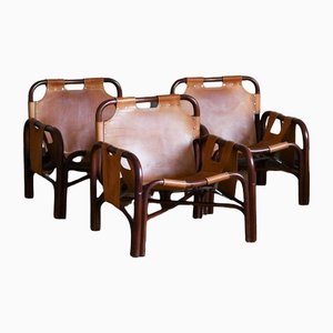 Lounge Chairs in Bamboo and Cognac Leather attributed to Tito Agnoli for Bonacina, 1960s, Set of 2