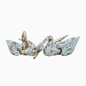 Antique Folk Art Wood Swan Sculptures, Set of 2