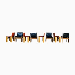 Black and Brick Leather and Walnut Monk Dining Chairs by Afra and Tobia Scarpa for Molteni, 1973, Set of 8