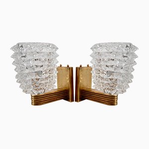 Italian Art Deco Style Brass and Rostrato Murano Glass Wall Sconces, 1990s, Set of 2